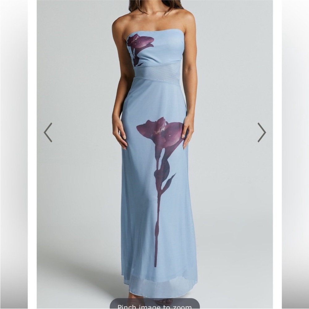 Showpo Adali Midi Dress Strapless Mesh Maxi Dress in Blue Floral